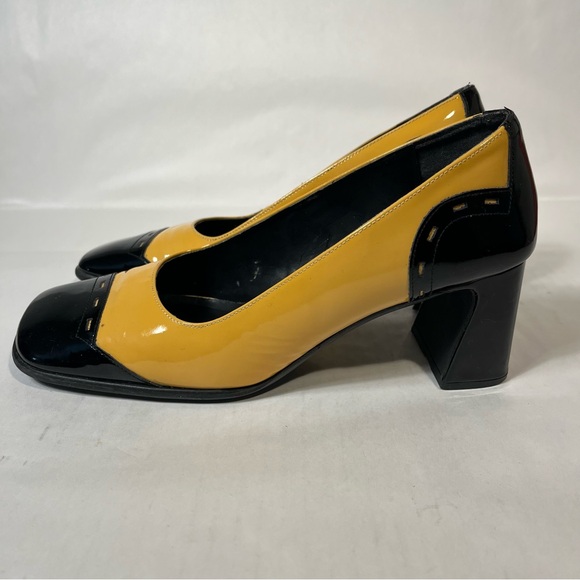 Enzo Angiolini Square Toe Patent Yellow and Black Chunky Block Heel Size 8.5 - Picture 5 of 10